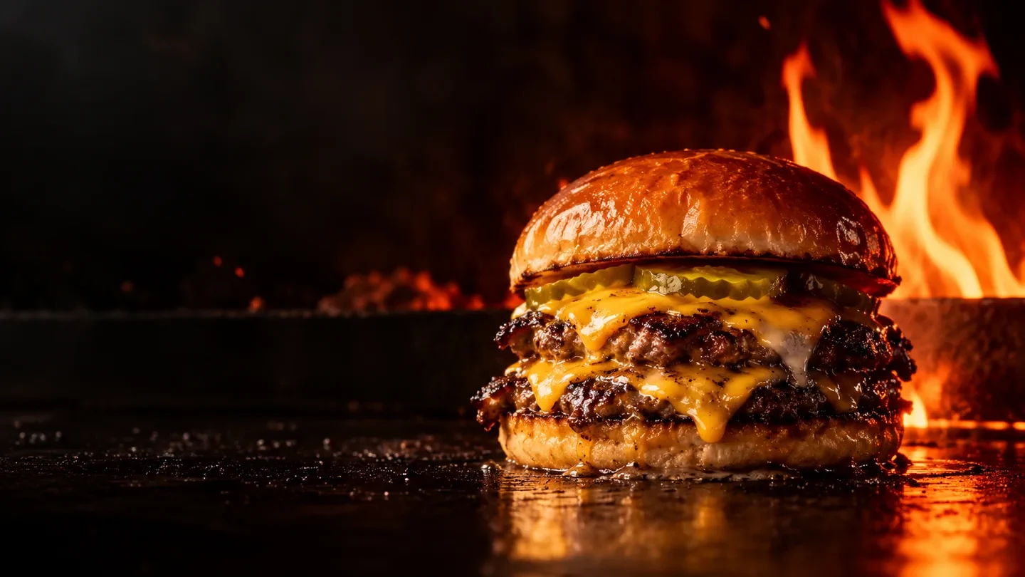 Hamburguesa sobre la parrilla con fuego al fondo
